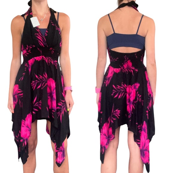 Tropical Women’s OS Pink, Purple Black Hibiscus Floral Halter Handkerchief Dress - Picture 16 of 16